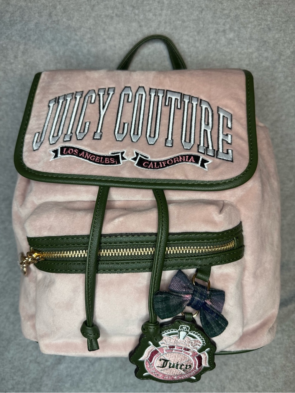 Juicy Couture Pink Velvet Backpack with Green Trim and Gold Hardware